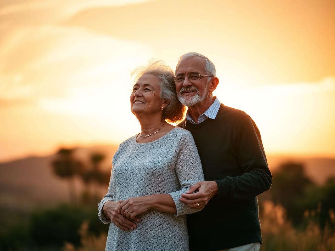 Senior couple at peace at sunset